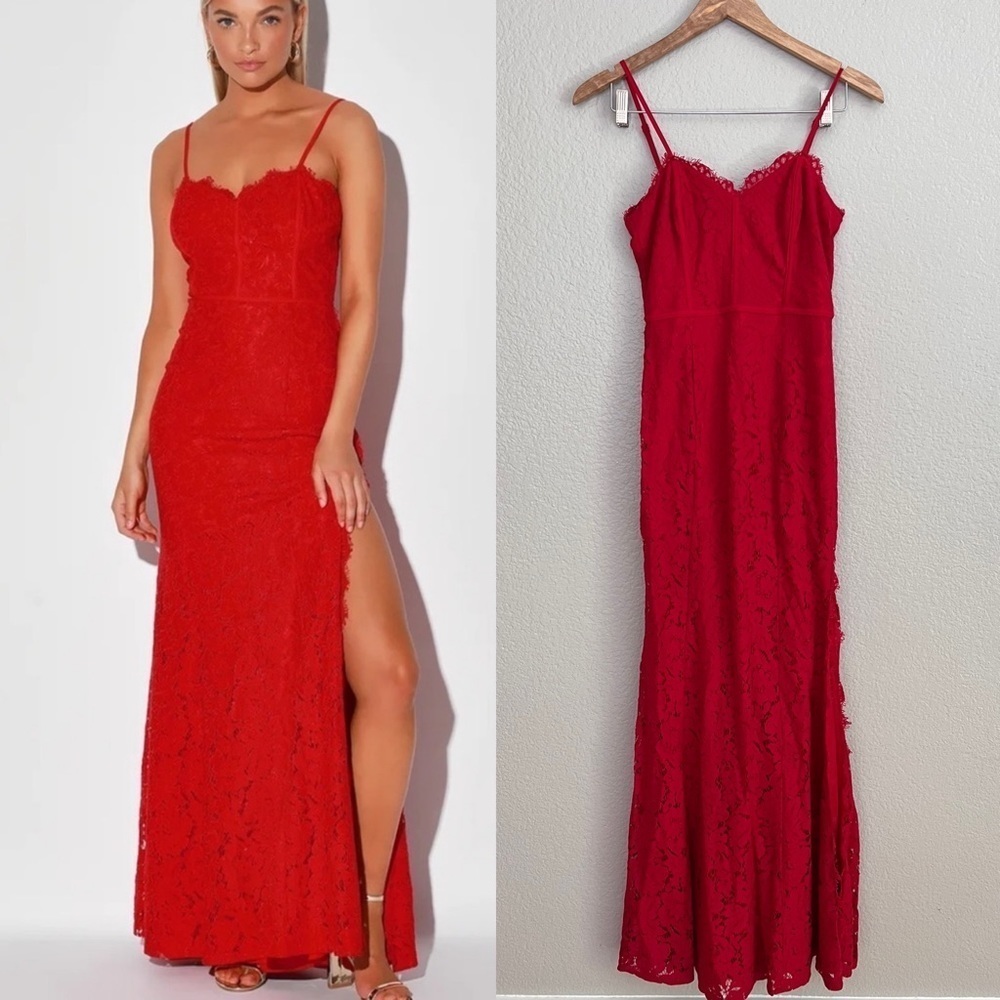 Lulu's Red Lace Maxi Dress with Spaghetti Straps